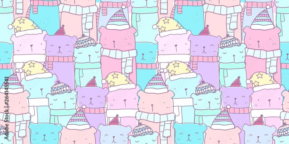 Seamless pattern with hand drawn cute bear family in pastel color. Kawaii  bear background for kid fabric pattern, baby wallpaper, nursery, wrapping  paper, scrapbook and packaging design vector de Stock | Adobe