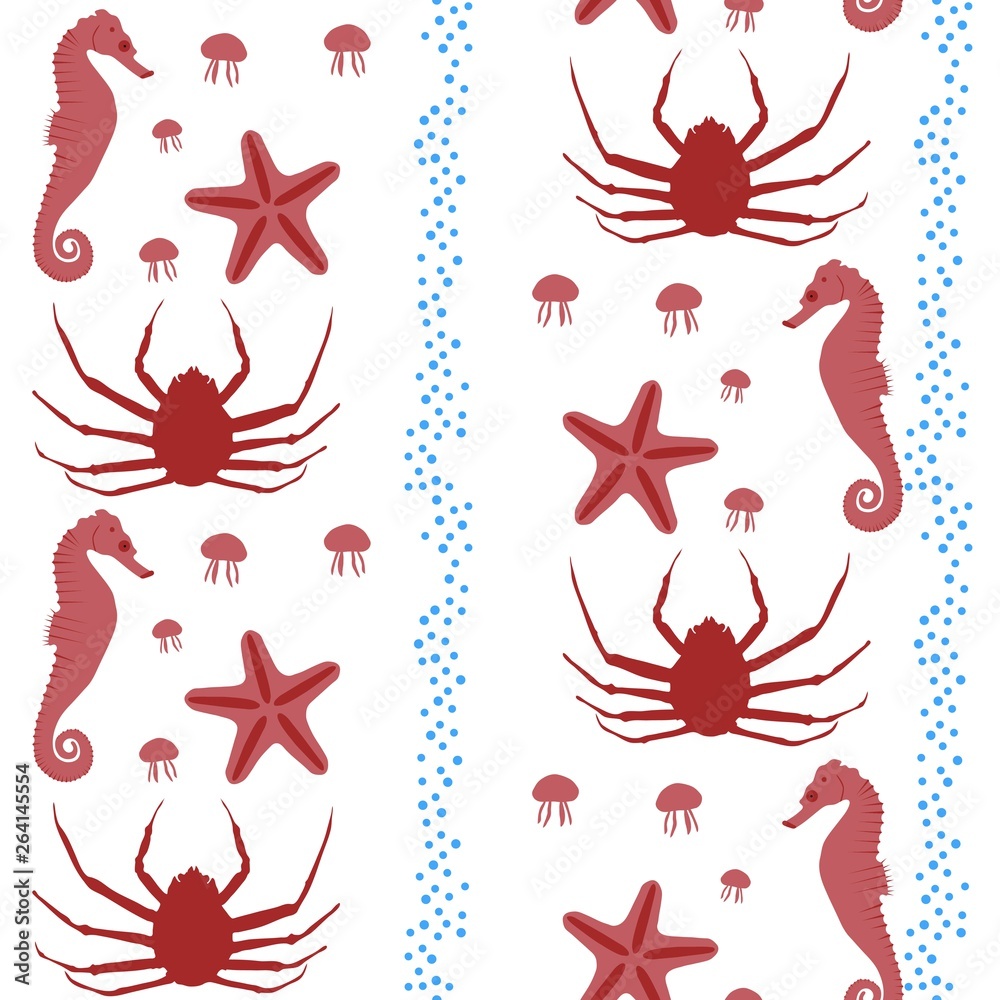 Seamless background on the marine theme with red seahorses, crabs and ...