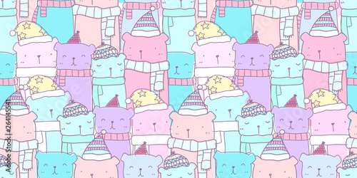 Seamless pattern with hand drawn cute bear family in pastel color. Kawaii bear background for kid fabric pattern, baby wallpaper, nursery, wrapping paper, scrapbook and packaging design