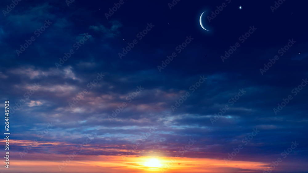  Crescent moon with beautiful sunset background . Generous Ramadan