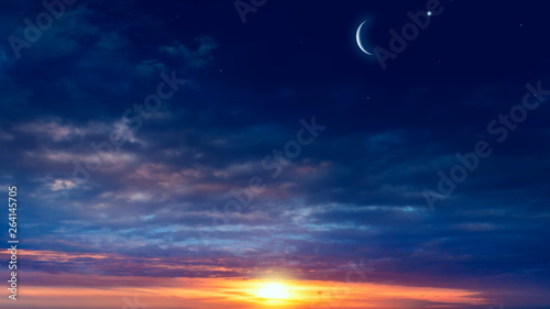  Crescent moon with beautiful sunset background . Generous Ramadan