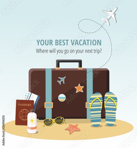 Travel concept Summer suitcase, Beach Accessories, passports and tickets on beach.  Vector illustration