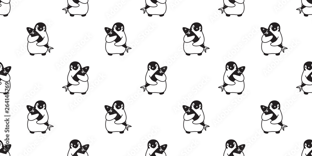 penguin Seamless pattern vector fish salmon cartoon repeat wallpaper tile background scarf isolated illustration doodle
