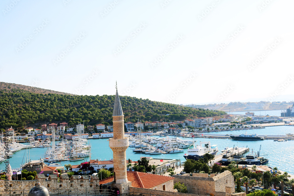 Naklejka premium View of the city from the old Ottoman Cesme Castle. View of the Cesme marina