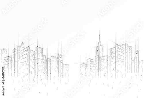 Low poly smart city 3D wire mesh. Intelligent building automation system business concept. High skyscrapers border pattern background. Architecture urban cityscape technology vector illustration