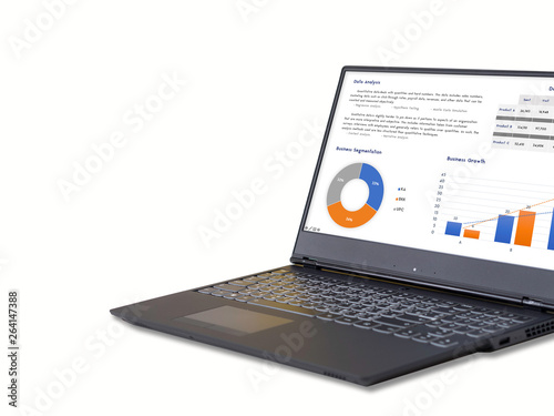 Computer notebook with business development analysis on screen