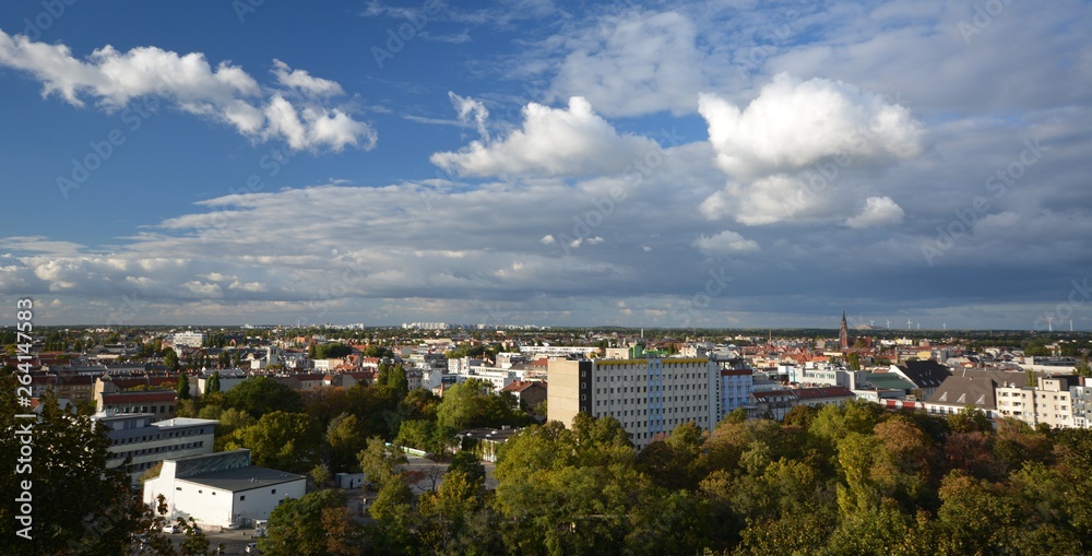View of Berlin from the high bunker (Bunkerberg) in the People´s Park (Volkspark) Humboldthain in Berlin-Wedding from October 4, 2016, Germany