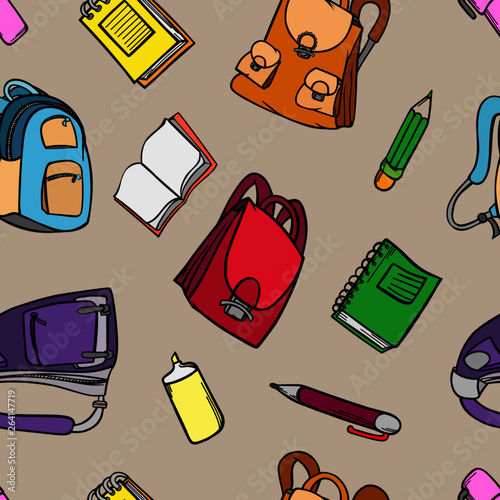 seamless pattern school backpacks color vector portfolio of schoolchildren stationery schooling school