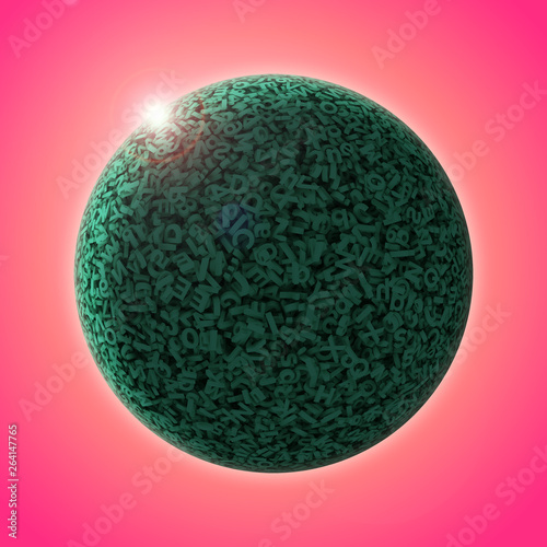 Big data concept. Huge amount 3d letters and numbers of green ball  self-illuminated big data globe in red space background. 3D illustration.