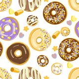 Glazed Donuts seamless pattern. Bakery Vector Cartoon style illustration. Top View doughnuts