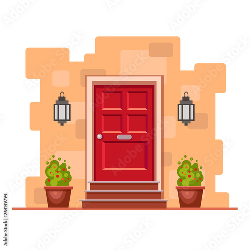 Red front door on the yellow brick wall with two pots with plants and lights. Vector building element. Cartoon house illustration