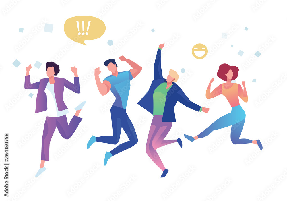 Group of young people jumping on white background with copy space. Stylish modern vector illustration with happy male and female teenagers Party, sport, dance and friendship team concept