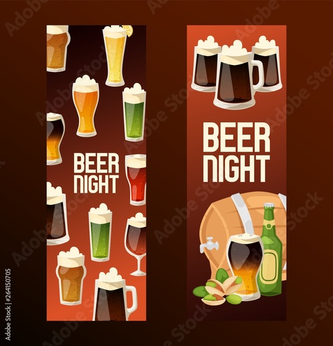 Beer in beerhouse brewery vector beermug beerbottle and dark ale illustration backdrop set of beerbarrel in bar on beery alcohol party background banner