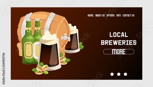 Beer in beerhouse brewery vector web page beermug beerbottle and dark ale illustration backdrop of beerbarrel in bar on beery alcohol party background landing web-page
