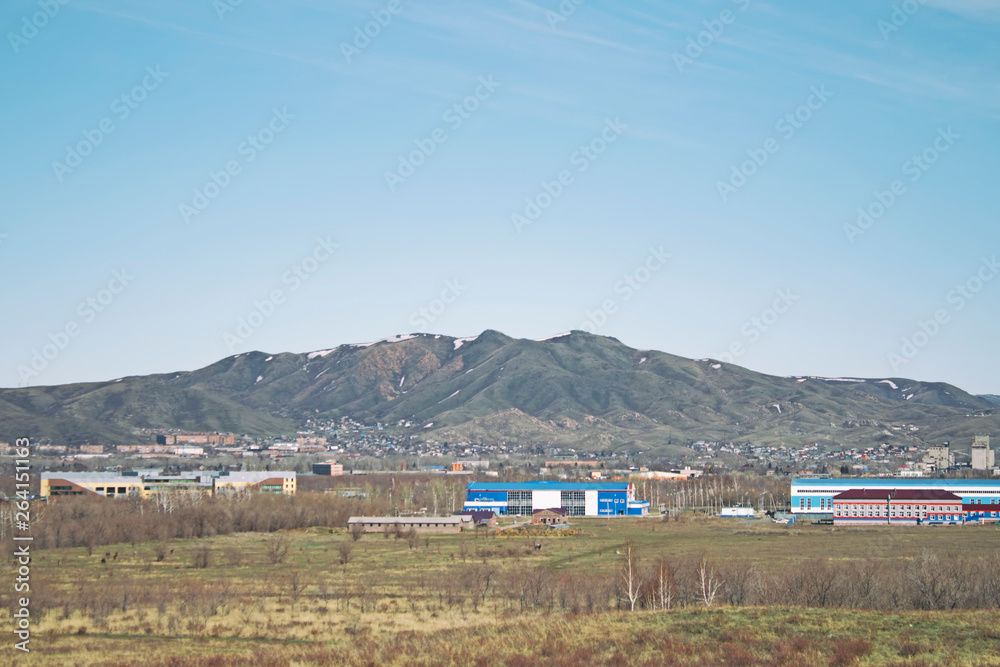 Steppe. Hills and sky. Spring landscape. Steppe background.