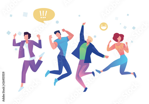 Fototapeta Naklejka Na Ścianę i Meble -  Group of young people jumping on white background with copy space. Stylish modern vector illustration with happy male and female teenagers Party, sport, dance and friendship team concept