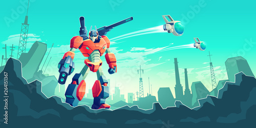 Alien invaders attacking metropolis cartoon vector concept. Battle robot, transformer warrior armed with laser gun standing on ruins of modern city, battle drone, spaceships flying in sky illustration photo