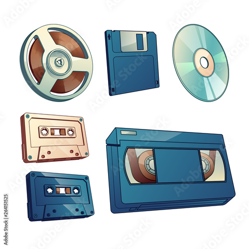 Audio and movie records, information vintage carriers cartoon vector set isolated on white background. Magnetic tape on reel, audio and VHS cassettes, pc floppy diskette and laser disk illustration