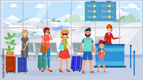 Passengers in airport terminal queue illustration