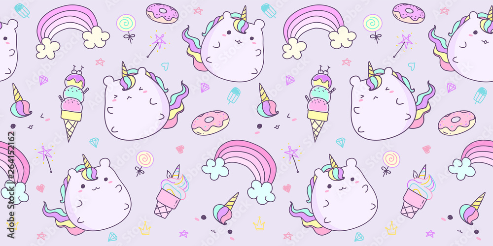 Cute unicorn pattern seamless horizontal in pastel color. Kawaii ...