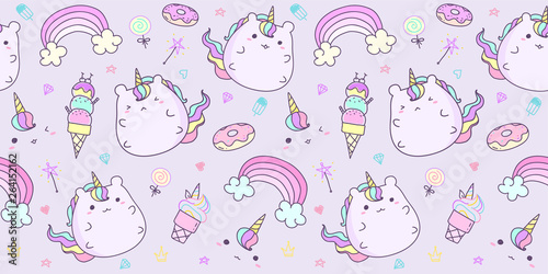 Cute unicorn pattern seamless horizontal in pastel color. Kawaii unicorn background for kid photo