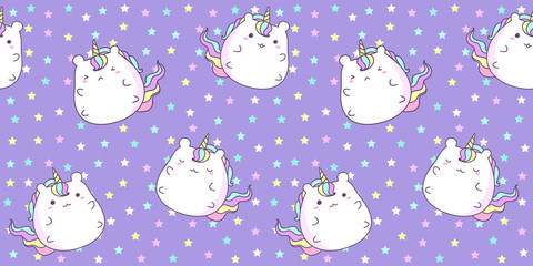 Fototapete Einhornmuster Kawaii Einhorn auf Sternenhintergrund Pastell  © Moko22