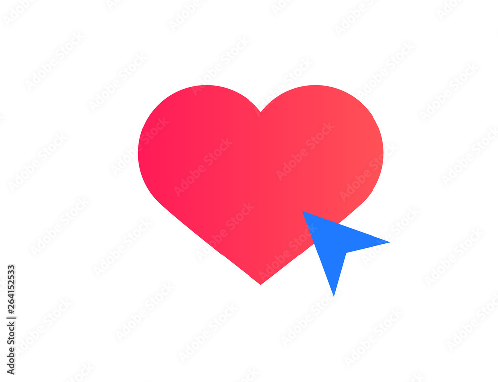 Vector illustration of red smiling heart on white background with arrow. Heart icon. Artistic design of the cover, web page, banner