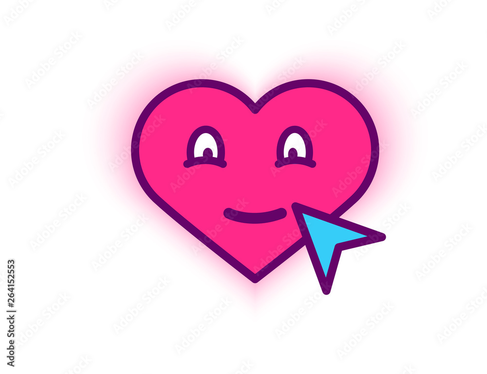 Vector illustration of red smiling heart on white background with arrow. Heart icon. Artistic design of the cover, web page, banner Vector illustration of red smiling heart on white background with arrow. Heart icon. Artistic design of the cover, web page, banner