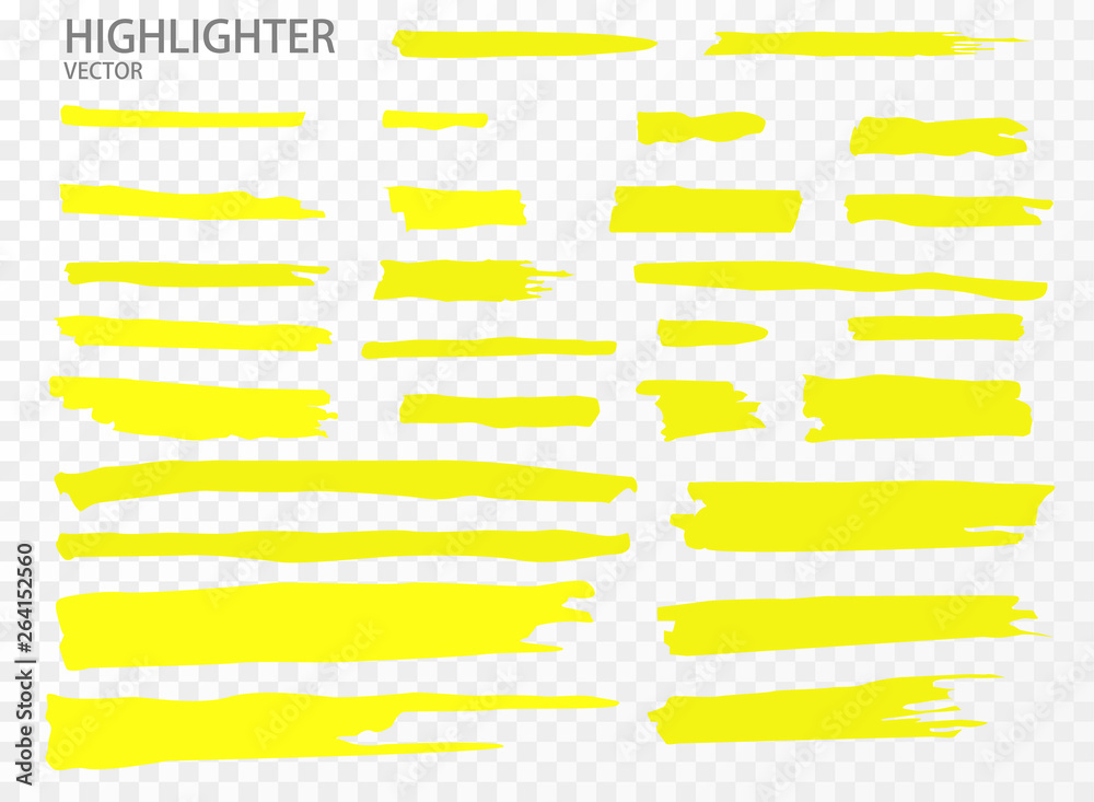 Set Vector highlighter. Hand drawn yellow highlight marker stripes. Vector illustration EPS10 - obrazy, fototapety, plakaty 
