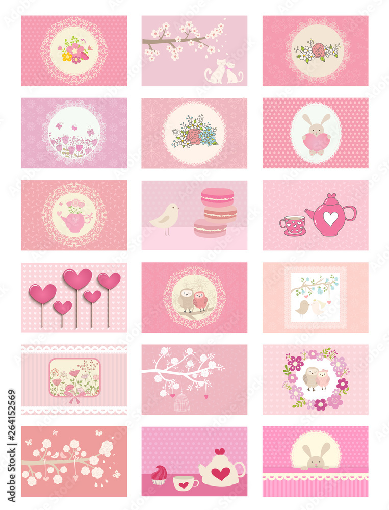 Big collection of cute pink cards. Ideal for scrap booking, celebration card, invitation. 