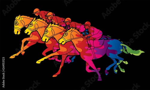 Group of Jockeys riding horse, sport competition cartoon sport graphic vector