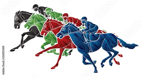 Group of Jockeys riding horse  sport competition cartoon sport graphic vector