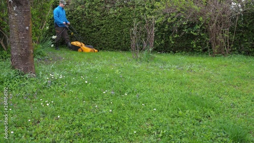 Spring gardening in the countyard. Cutting grass with a electric lawn mower. photo