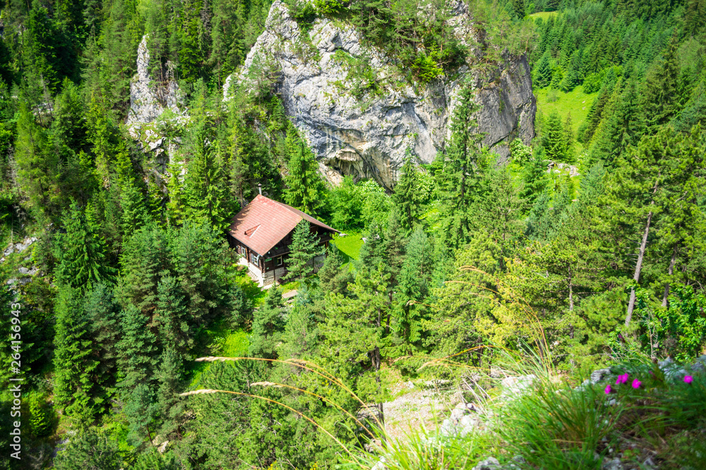 Ecolog mountain hut as seen from high above on the Ecolog mountain hut as seen from high above on the