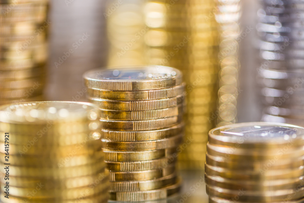 Towers of the euro coins stacked in different positions Towers of the euro coins stacked in different positions