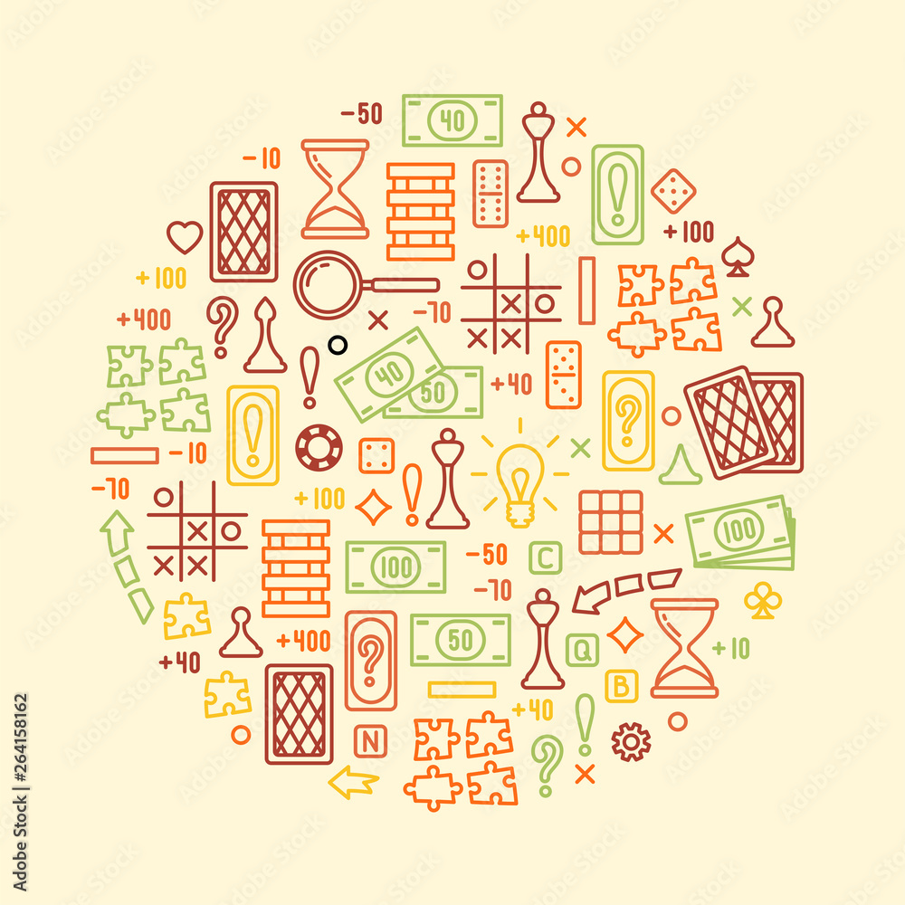 Round concept with board games attributes. Linear style vector illustration