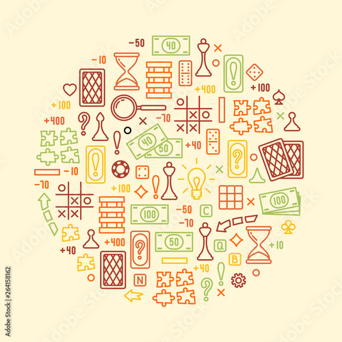 Round concept with board games attributes. Linear style vector illustration