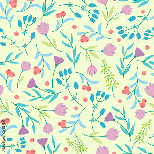 Cute abstract seamless pattern with small colorful flowers on the yellow
