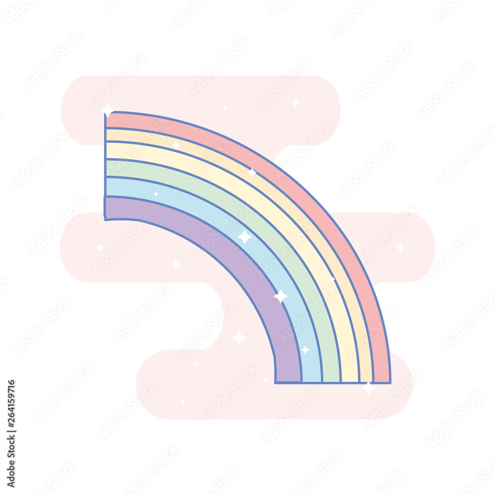 Fototapeta premium Cute rainbow. Sticker, patch, badge, pin or tattoo template. Pink blob and sparkling stars in the background. Linear style illustration. Vector.