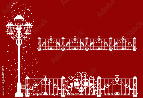 christmas time in the city decor set - winter season streetlight and fence easy editable vector silhouette