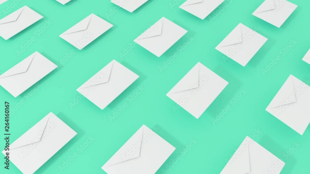 3d render animation of postal letter flying up on different color surface. 4k seamless loop footage. 