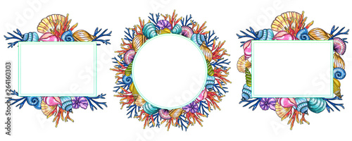 Canvas Print Hand painted watercolor shells and corals template isolated on white background
