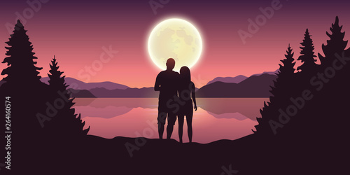 young couple looks to the full moon at beautiful lake vector illustration EPS10