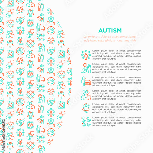 Autism concept, symptoms and adaptive skills thin line icons: repetitive behavior, stereotypy, ignoring of danger, autoaggression, hysterics, communication, social interaction. Vector illustration.