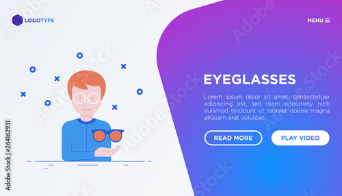 Optics shop concept: Man is trying on different eyeglasses. Gradient flat and thin line icons. Modern vector illustration, web page template.