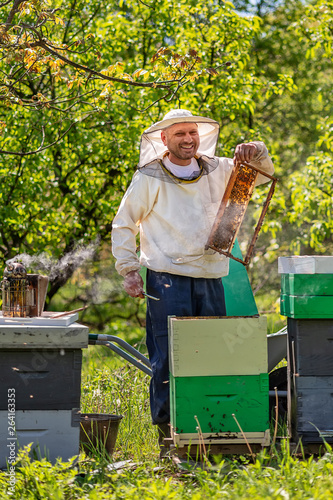 Beekeeper at Work. Bee keeper lifting shelf out of hive. The beekeeper saves the bees.