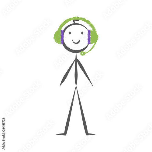 Stick man in headphones drawn by hand, vector illustration in cartoon style