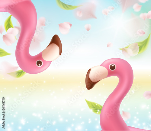 Flamingo tropic background. Exotic banner with pink birds. Vector vacation pattern. Summer beach or pool party template.