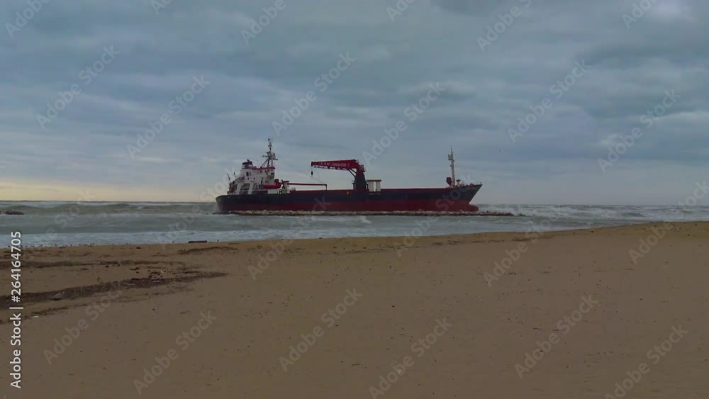 Italy, Bari,  23 February 2019, view of a Turkish ship wrecked on a beach in the city's port.