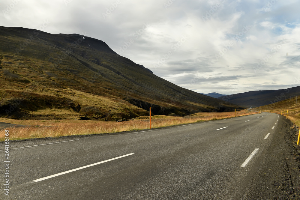 Fototapeta premium a deserted asphalt road running away into the hills. Iceland. The spirit of travel and adventure.
